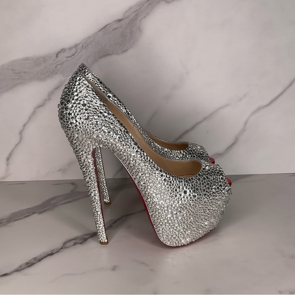 Christian Louboutin Highness AB Strass Crystal Peep Pump Size EU 37.5 / US 7.5 - Picture 4 of 14